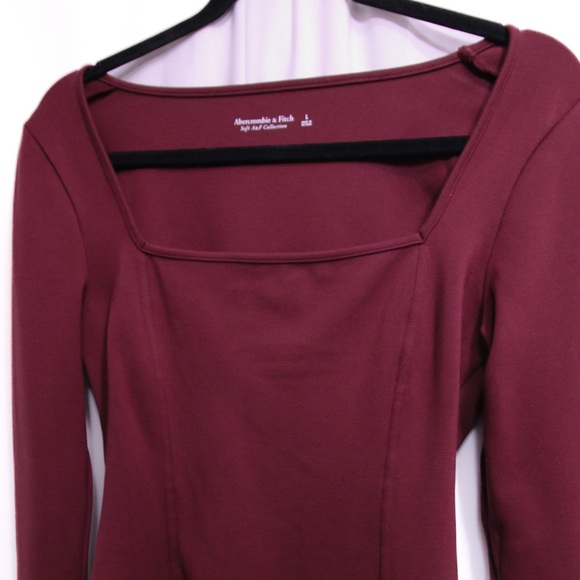 Abercrombie & Fitch Long-Sleeve Ponte Squareneck Seamed Bodysuit Burgundy W Lg - Picture 9 of 11